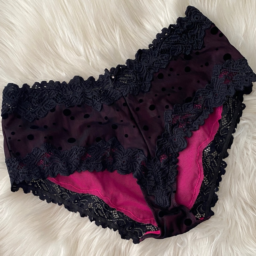 Women’s Lace Trim Polka Dot Bikini Panty - Black with Magenta Lining